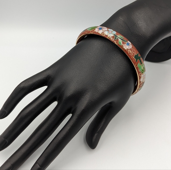 Floral Vintage Cloisonné Costume Bracelet Bangle Red with Flowers - Picture 6 of 11